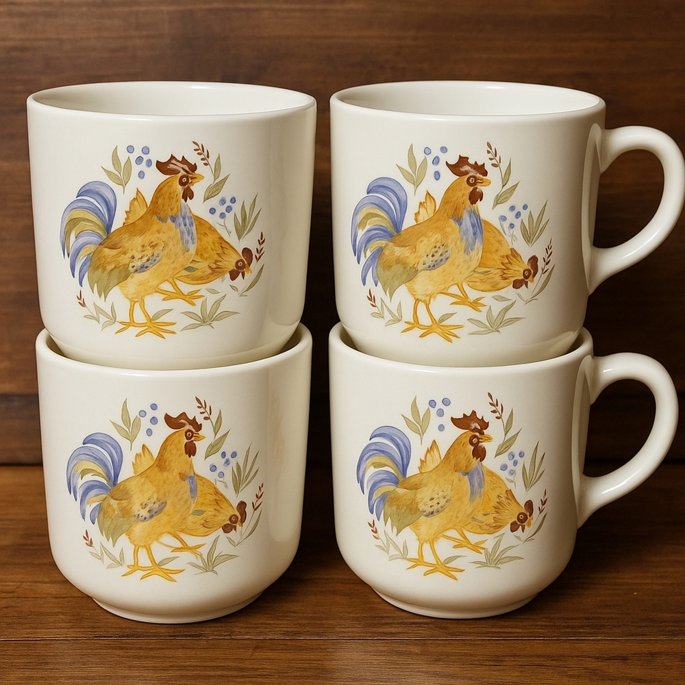 Corelle Country Morning Rooster Mugs – Set of 4 Vintage 11 oz Stoneware